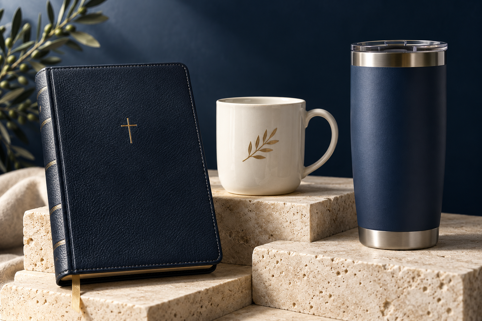 Propuesta visual de una Biblia, una taza y un vaso térmico en azul y dorado